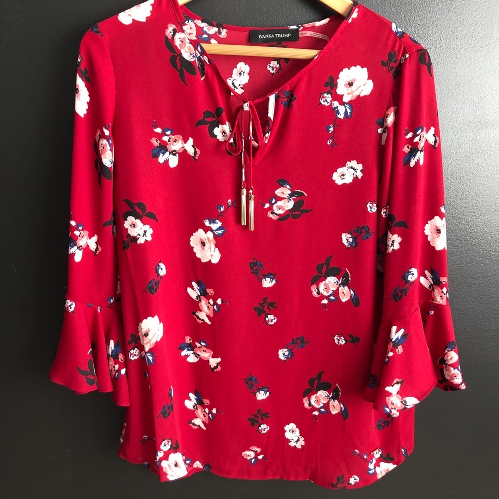 Ivanka Trump Red Floral 3/4 Bell-Sleeve Blouse